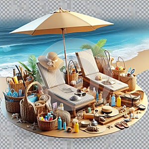 Beach vacation with beach umbrella, sun loungers, and beach sse photo