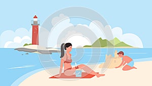 Beach vacation, cartoon happy family vacationer people spend weekend time on sea beach island photo