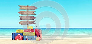 Beach vacations wooden directions with Luggage on the beach 3d render