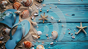 Beach Vibes: Blue Wooden Flip Flops and Seashells on Sandy Shoreline