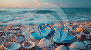 Beach Vibes: Blue Wooden Flip Flops and Seashells on Sandy Shoreline