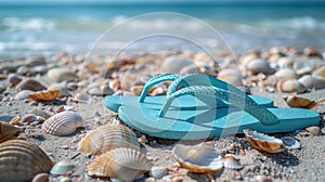 Beach Vibes: Blue Wooden Flip Flops and Seashells on Sandy Shoreline