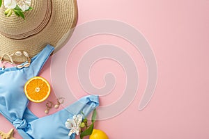 Beach vibes! Top view flat lay of blue swimsuit with sunhat, earrings, bracelet, and flowers orange fruit on pastel pink