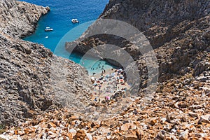 beach view full of tourists taken from the high rocky mountain, Seitan Limania Crete