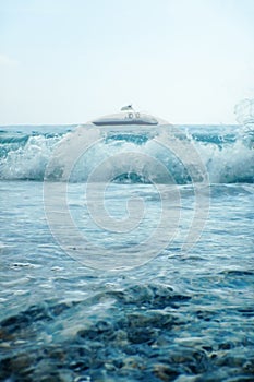 Beach View Motor Boat Floating on clear Turquoise Water, Summer Concept