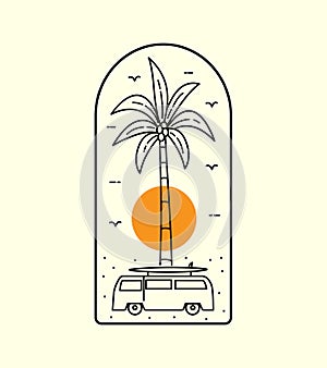 beach view with palm trees and car surfboard in mono line art