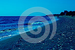 Beach view. Seashore texture. line water foam over clean sand and water. Hirozontal. Classic, blue monochrome, trend