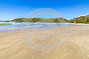 Beach view with waves, sand and vegetation photo