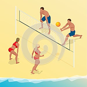 Beach volley ball player jumps on the net and tries to blocks the ball. Summer active holiday concept. Vector isometric