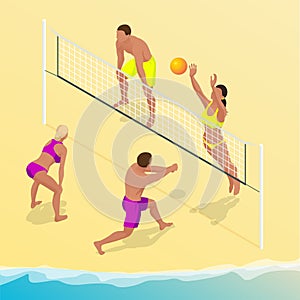 Beach volley ball player jumps on the net and tries to blocks the ball. Summer active holiday concept. Vector isometric