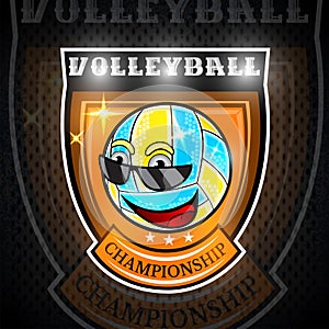 Beach volleyball ball chracter with sunglasses in center of shield. Sport logo for any team