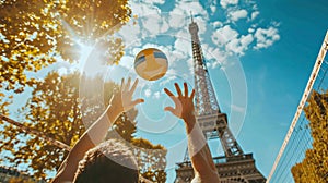 Beach volleyball competition against the background of the Eiffel Tower, Summer Olympics in Paris 2024