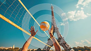 Beach volleyball competition against the background of the Eiffel Tower, Summer Olympics in Paris 2024