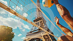 Beach volleyball competition against the background of the Eiffel Tower, Summer Olympics in Paris 2024