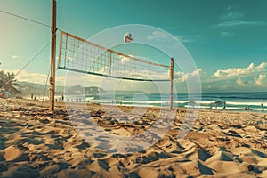 Beach volleyball court on summer sea sandy beach. Under the sun. Sport healthy lifestyle.