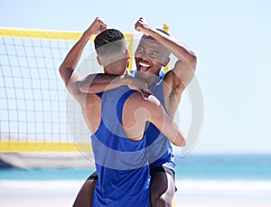 Beach, volleyball and men hugging in celebration at net with sports, fun and summer competition win at sea. Energy