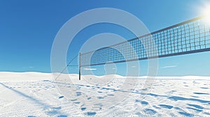 Beach volleyball net on pristine sandy beach with clear turquoise sea. Volleyball court by the ocean. Concept of summer