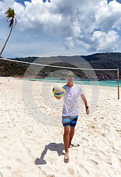 Beach volleyball player approaches viewer