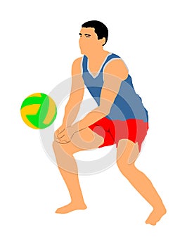 Beach volleyball player illustration isolated on white background. Volleyball boy in action. Summer time enjoying on sand.