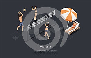 Beach Volleyball Sport Concept Vector Illustration On Dark Background With Writings. Isometric Composition In Cartoon 3D