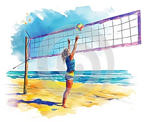 Beach volleyball on sunny day. Girl throwing ball over volleyball net. Bright clean watercolor illustration on white