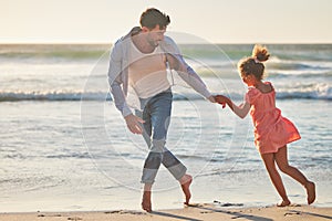 Beach walk, father and girl walking by the water on holiday in Greece during summer vacation. Happy dad and child with