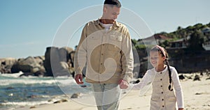 Beach walk, holding hands and happy child, dad and family bond together on journey, holiday or tropical island