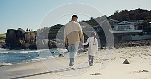 Beach, walking and father holding hands with kid girl, bond and family journey to destination, holiday or vacation house