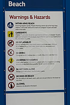 A beach warning and hazards sign with regulations