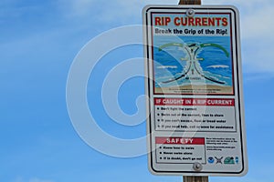 Beach warning signs and flags, Jacksonville Beach, Duval County, Florida.