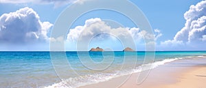 Beach, water and ocean landscape with clouds in the sky or travel to a tropical paradise, dream vacation or island