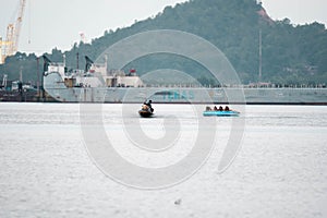 Beach water sports tubing with tourist being pulled by jetski in a beach in batam indonesia, Indonesia, May 4, 2019