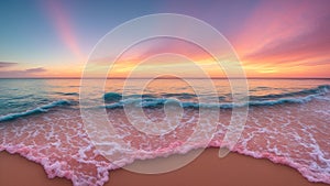 A Beach With Waves And A Pink Sky