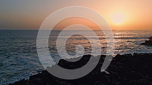 Beach waves rippling landscape at morning coast. Drone view ocean surf nature