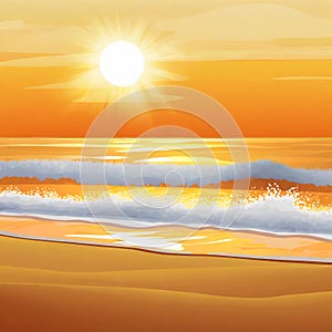 Beach waves sunset by the sea sand and sun shoreline illustration