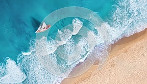 Beach and waves from top view. Aerial view of luxury resting at sunny day. Summer seascape from air. Top view from drone.