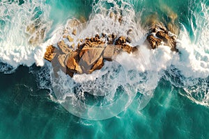 Beach and waves from top view. Summer seascape from air. Top view from drone.