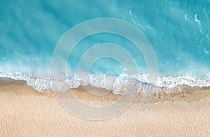 Beach and waves from top view. Summer seascape from air. Top view from drone. photo