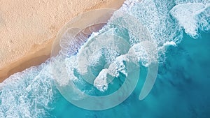 Beach and waves from top view. Turquoise water background from top view.