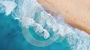 Beach and waves from top view. Turquoise water background from top view.