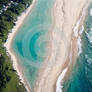 Beach and waves from top view. Turquoise water background from top view. Summer seascape from air. Top view