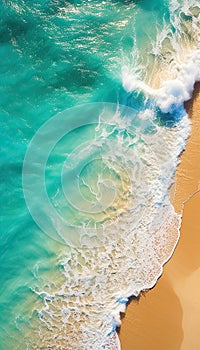 Beach and waves from top view. Turquoise water background from top view. Summer seascape from air. Top view from drone