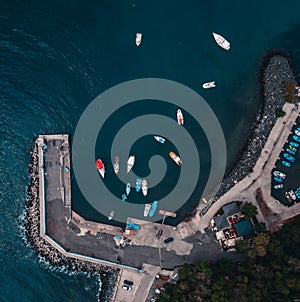 Beach and waves from top view. Turquoise water background from top view. Summer seascape from air. Top view from drone. Travel con