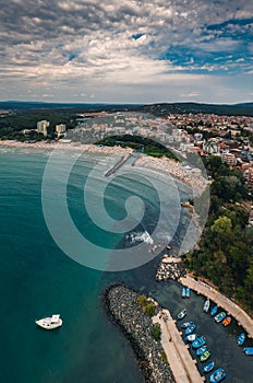 Beach and waves from top view. Turquoise water background from top view. Summer seascape from air. Top view from drone. Travel con