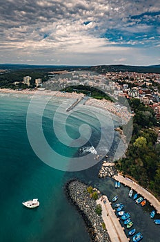 Beach and waves from top view. Turquoise water background from top view. Summer seascape from air. Top view from drone. Travel con