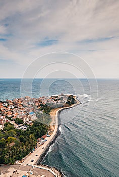 Beach and waves from top view. Turquoise water background from top view. Summer seascape from air. Top view from drone. Travel con