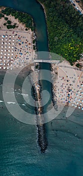 Beach and waves from top view. Turquoise water background from top view. Summer seascape from air. Top view from drone. Travel con