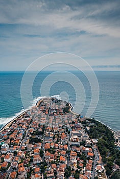 Beach and waves from top view. Turquoise water background from top view. Summer seascape from air. Top view from drone. Travel con