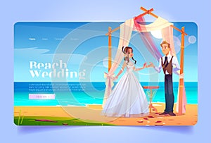 Beach wedding cartoon landing page bride and groom