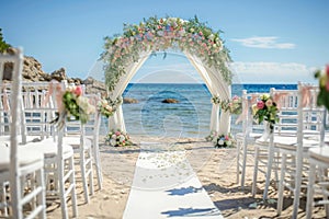 Beach Wedding Ceremony Setup With Ocean View, Beach wedding set up with white chairs and a floral arch, AI Generated